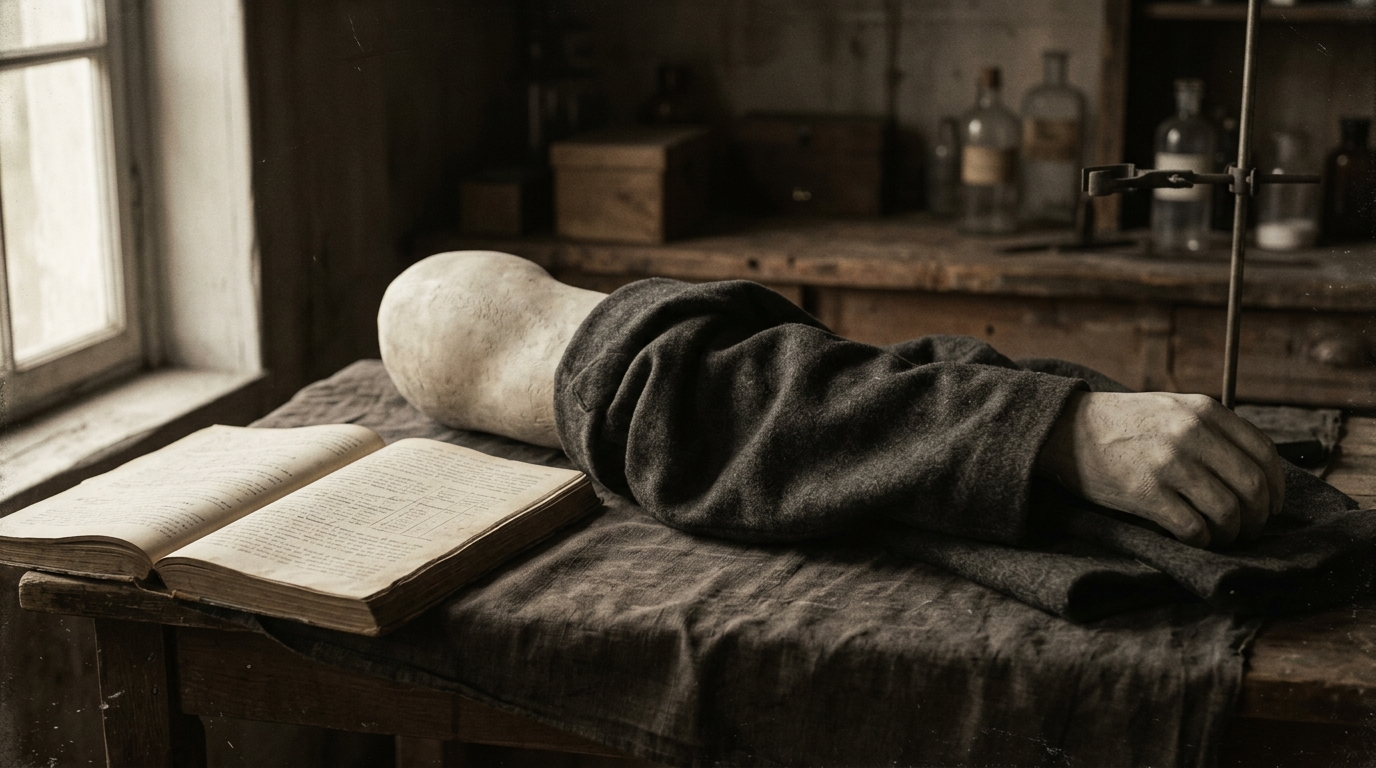 Moulage en plâtre d'un bras à demi couvert par la manche d'un vêtement, près d'une revue médicale ancienne