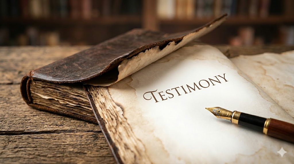 A close-up, shallow-depth-of-field photograph of an ancient, water-damaged, leather-bound journal. The edges of the pages are singed and stained. However, one clean page is partially revealed, and a single, elegant word is visible—"TESTIMONY". A vintage fountain pen rests beside it, symbolizing the possibility of new speech.