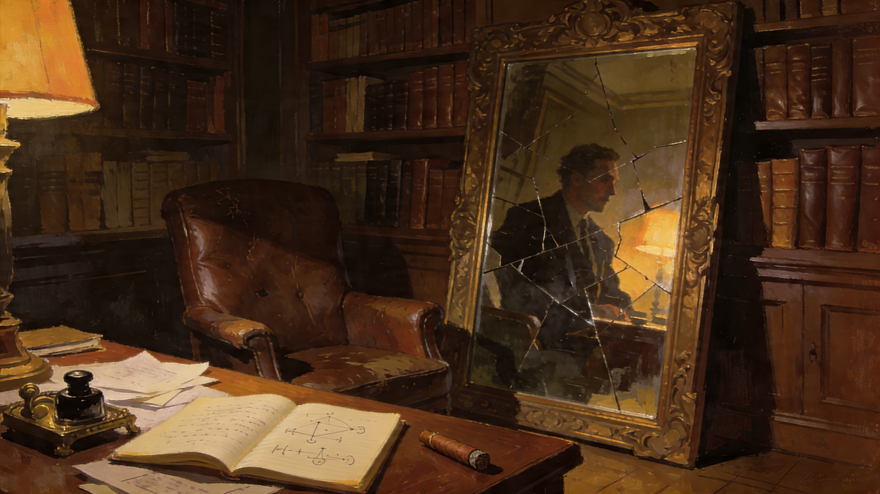 Bureau parisien des années 1960 avec un miroir déformant, évoquant le stade du miroir de Jacques Lacan